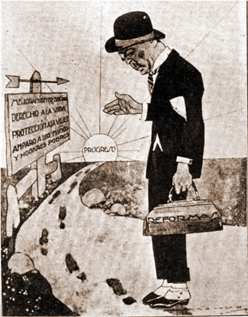 Hipólito Yrigoyen y la reforma legal progresista, en un dibujo de Alonso para la reviata Caras y Caretas.